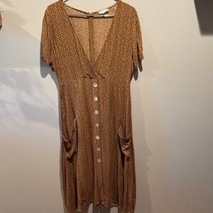 Cotton Candy LA Brown Tan Geometric Midi Dress With Pockets Back Zip Tie Waist